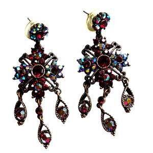Pierced earrings dramatic drop & dangle antiqued gold red & blue AB rhinestones